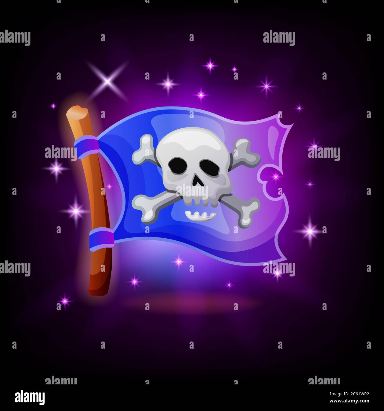 Pirate flag video game icon with sparkles on dark background. Jolly Roger mobile application UI