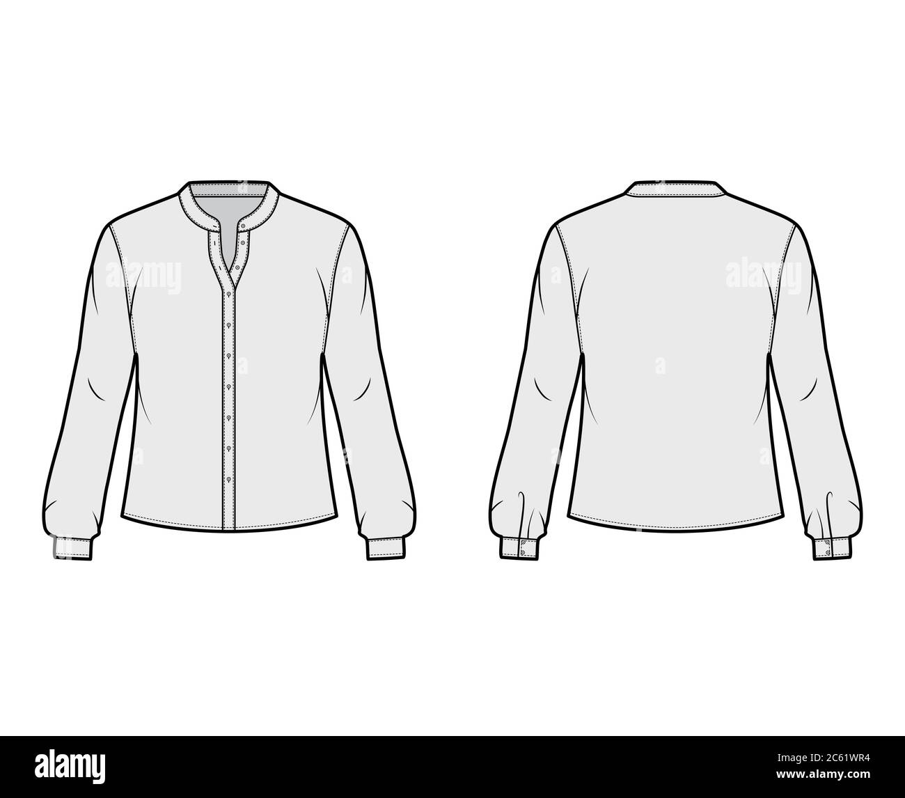 Shirt technical fashion illustration with curved mandarin stand collar ...