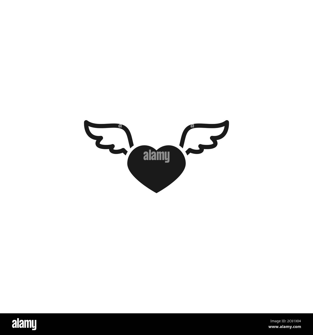 Flat black heart with wings isolated on white background. Love icon. Heart health month flat icon. isolated on white. Vector illustration. Stock Vector
