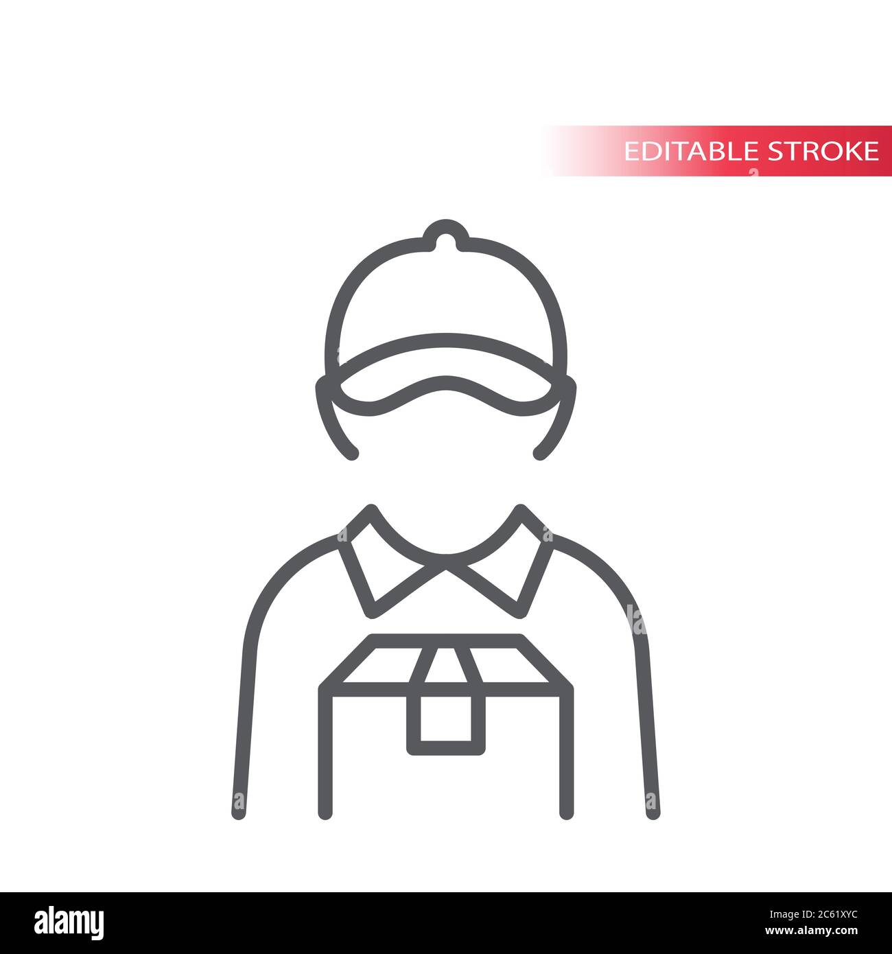 Delivery boy or man thin line vector icon. Courier with box and visor hat or cap outline icon, editable stroke. Stock Vector