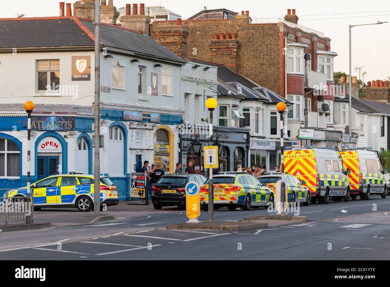 Police responding to an incident at the Admiral Nelson pub, Eastern Esplanade, Southend on Sea, Essex UK as drinkers gather as COVID-19 lockdown eases Stock Photo