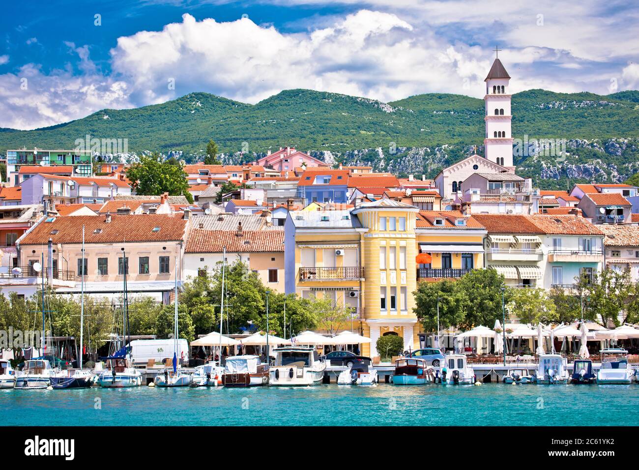 Colorful town of Crikvenica harbor and tower view, Kvarner region of Croatia Stock Photo