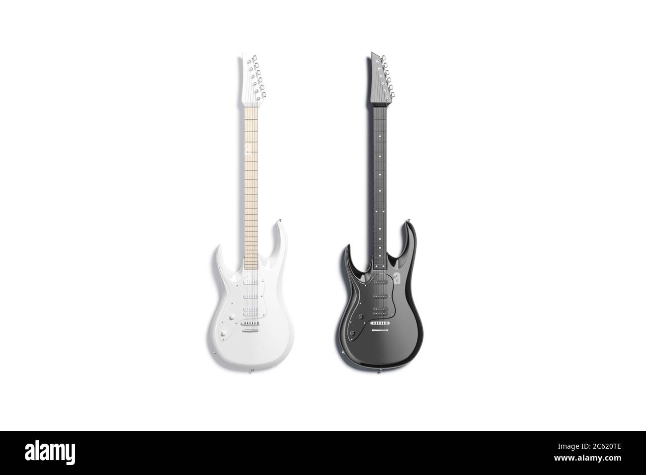 Blank black and white electric guitar mockup set, top view Stock Photo