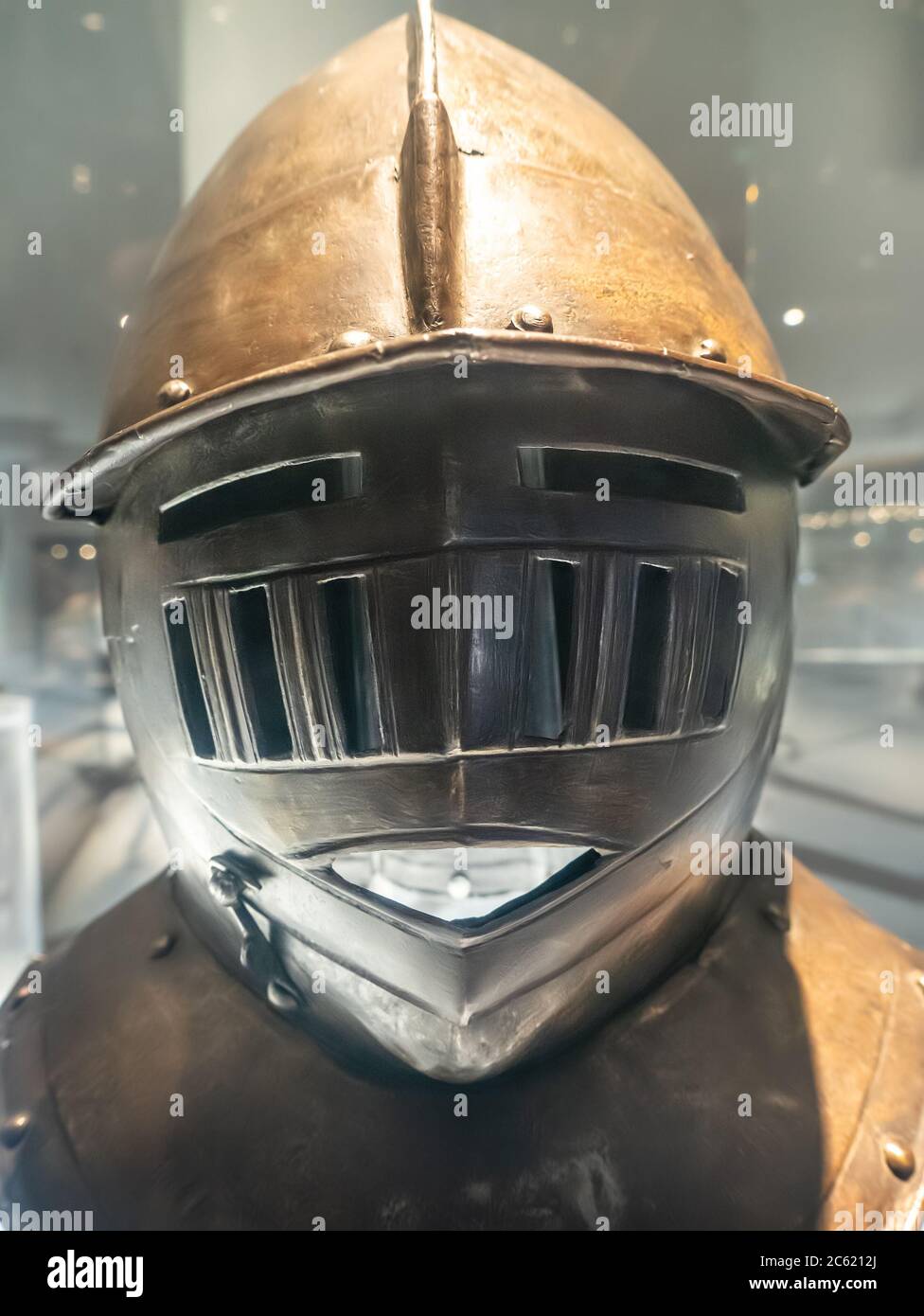 Iron helmet of medieval knight, close up. Stock Photo