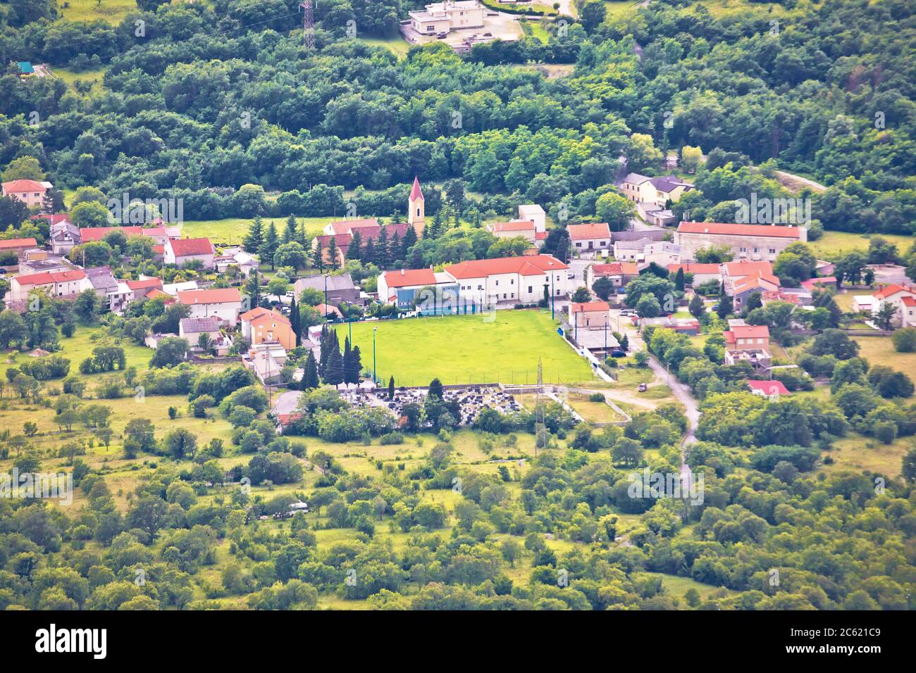 Village of Tribalj in Vinodol valley aerial view, Kvarner region of Croatia Stock Photo