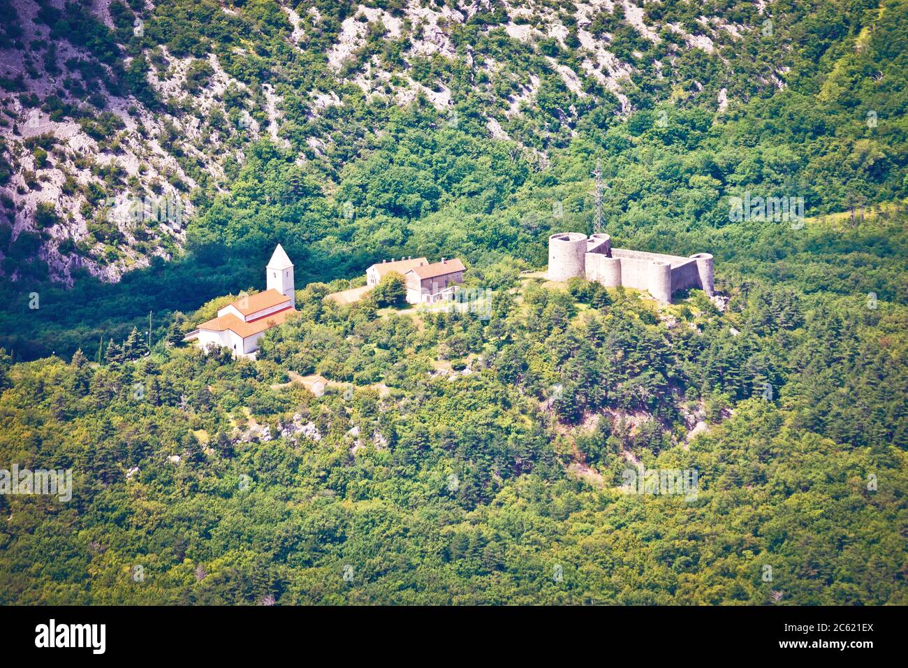 Historic Drivenik fortress and church on the hill in Vinodol valley aerial view, Kvarner region of Croatia Stock Photo