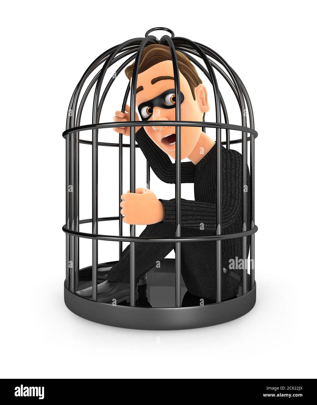 3d thief locked in a cage, illustration with isolated white background ...