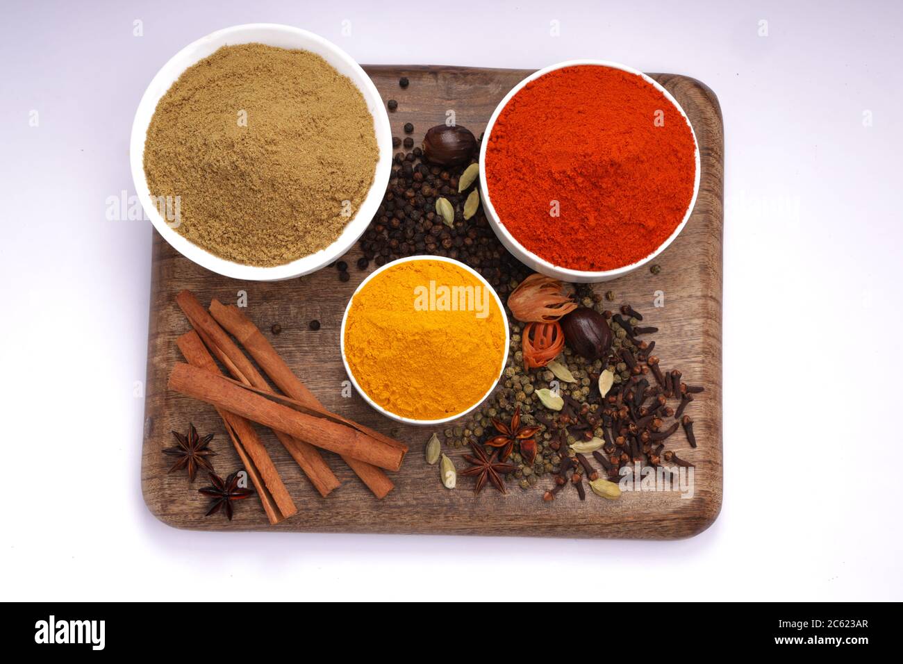 Top view of Spices Black pepper,Green pepper,Mace,Nutmeg, Clove