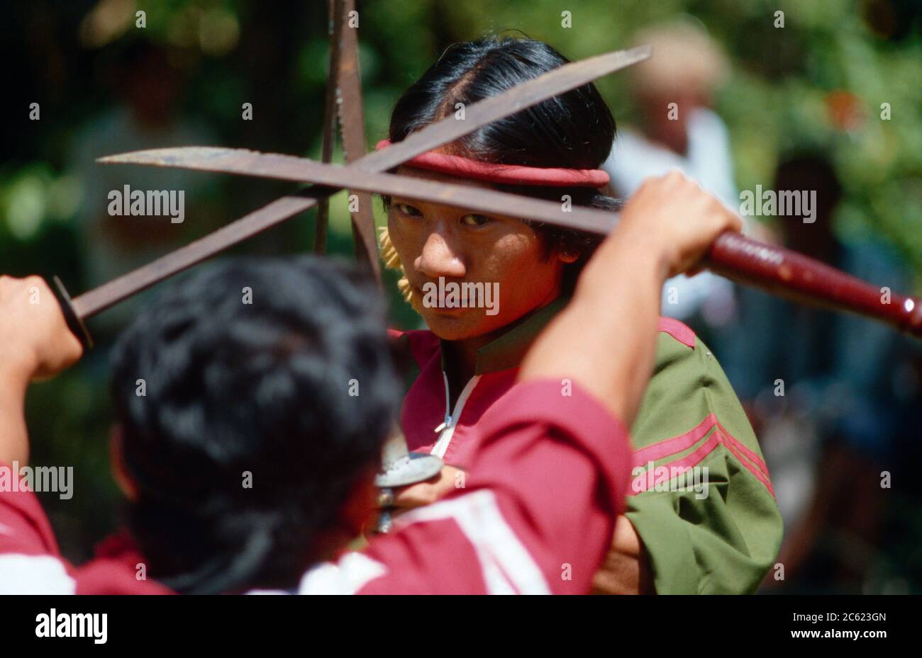 Bangkok Thailand Men Performing The Martial Art Krabi Krabong Using Daab Song Meu (Holding A Pair Of Swords Each) Stock Photo