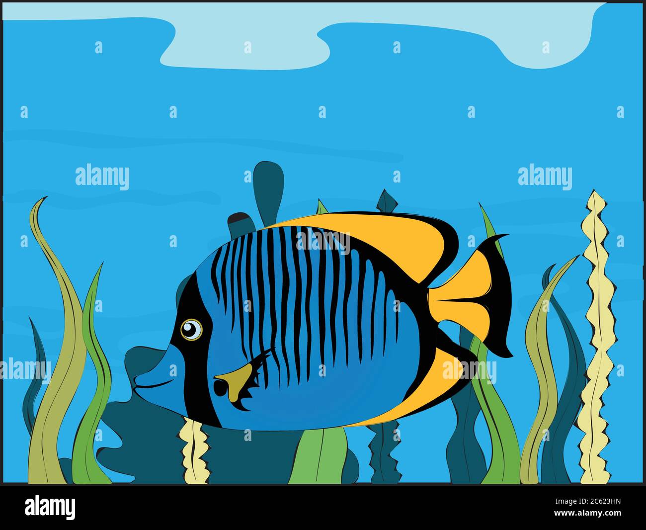 Hand Drawn Blue Fish With Black Stripes And Yellow Fins Underwater With Sea Vegetation Background Stock Vector