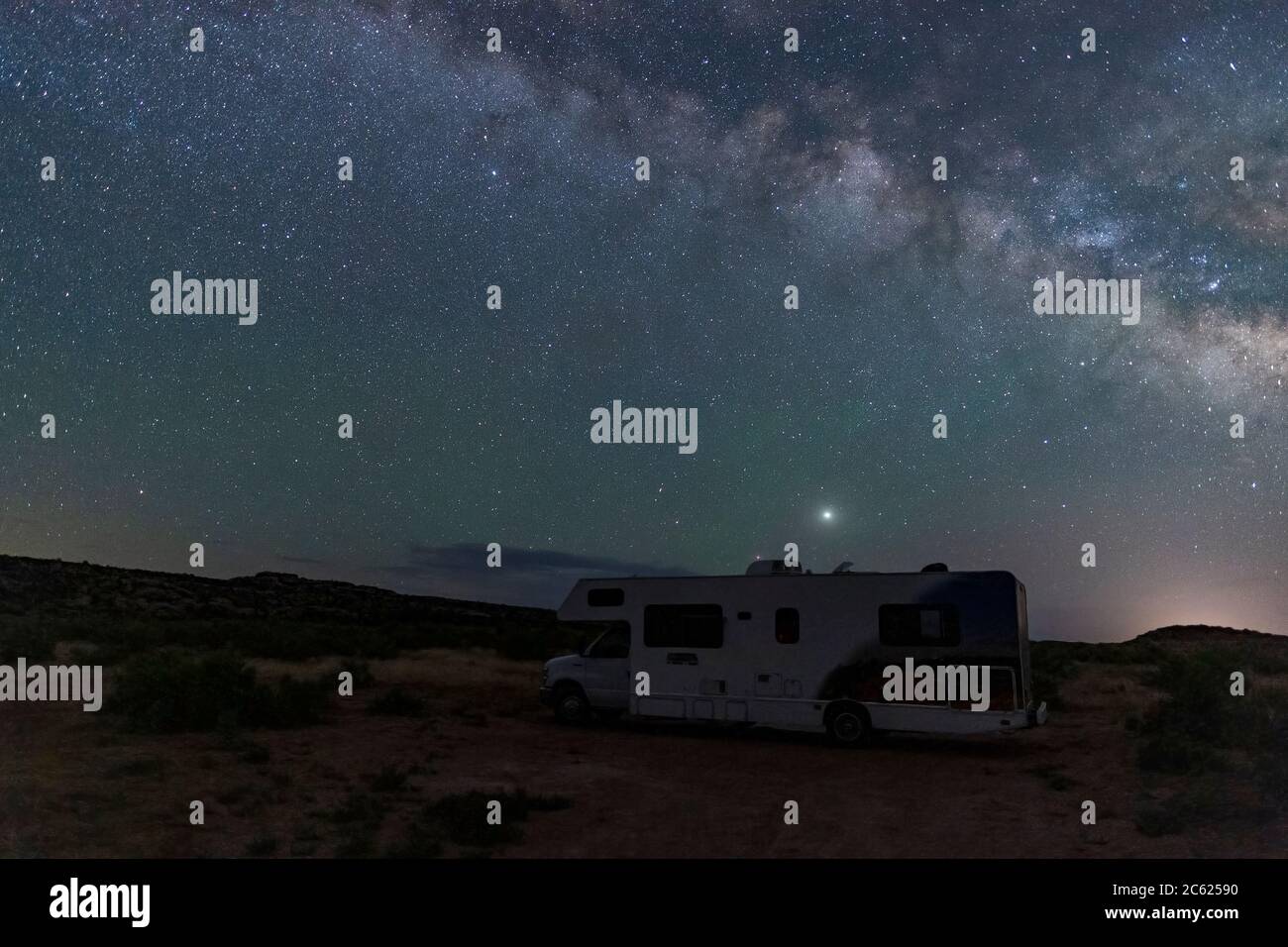 RV camping in desolate desert near Moab Utah, USA Stock Photo