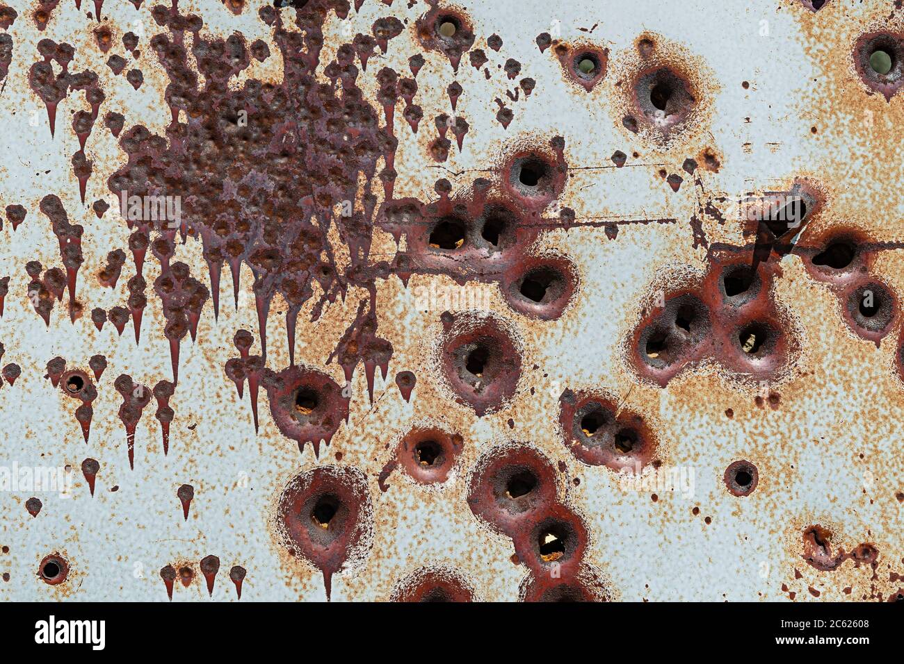 Bullet holes detail in abandoned refrigerator, Rock Springs Wyoming, USA Stock Photo