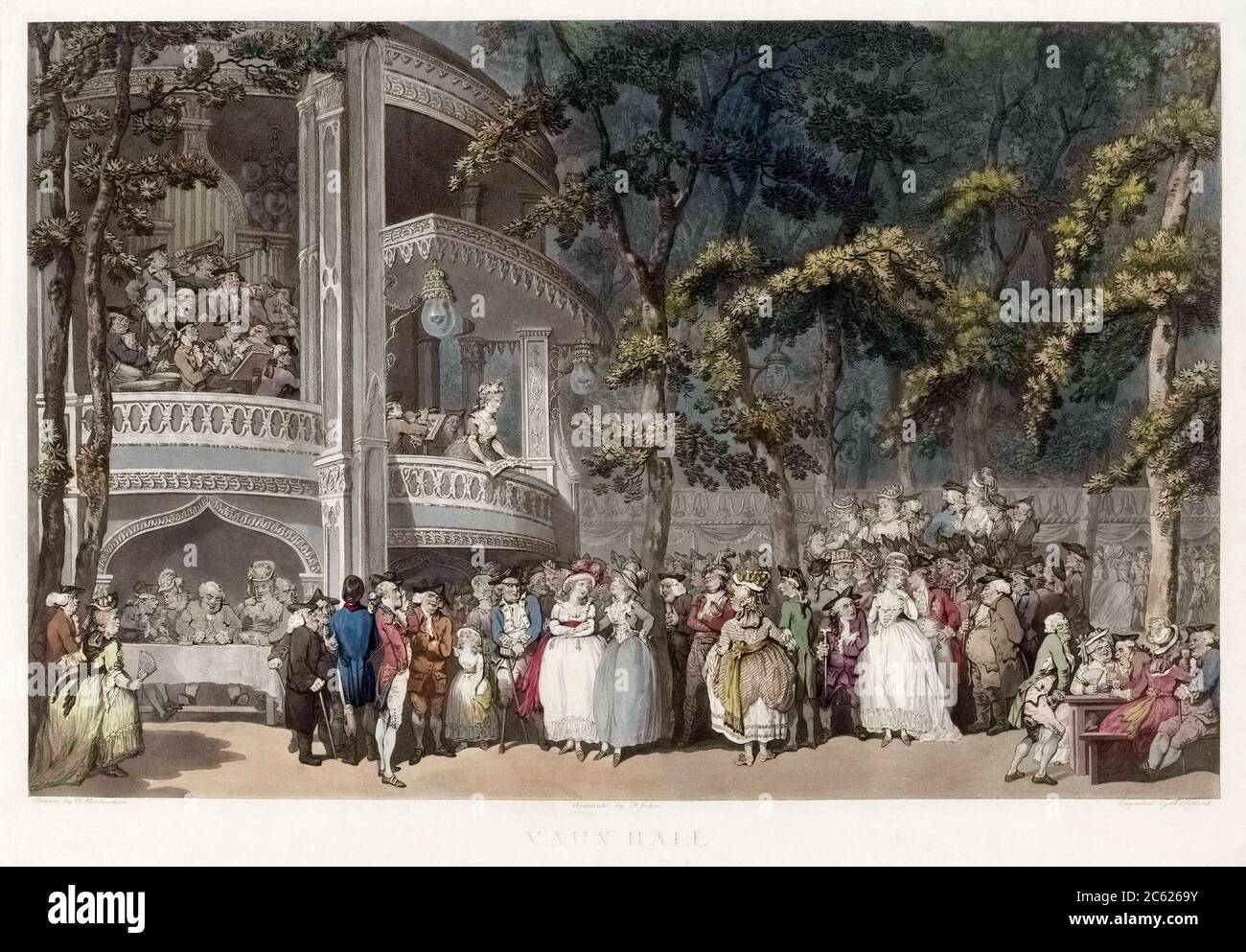 Vauxhall Gardens in London.  From an 18th century print by Robert Pollard after Thomas Rowlandson.  Several prominent people of the era appear in the picture, including, in the right foreground, the Prince of Wales (later King George IV) whispering to his mistress Perdita Robinson. Stock Photo