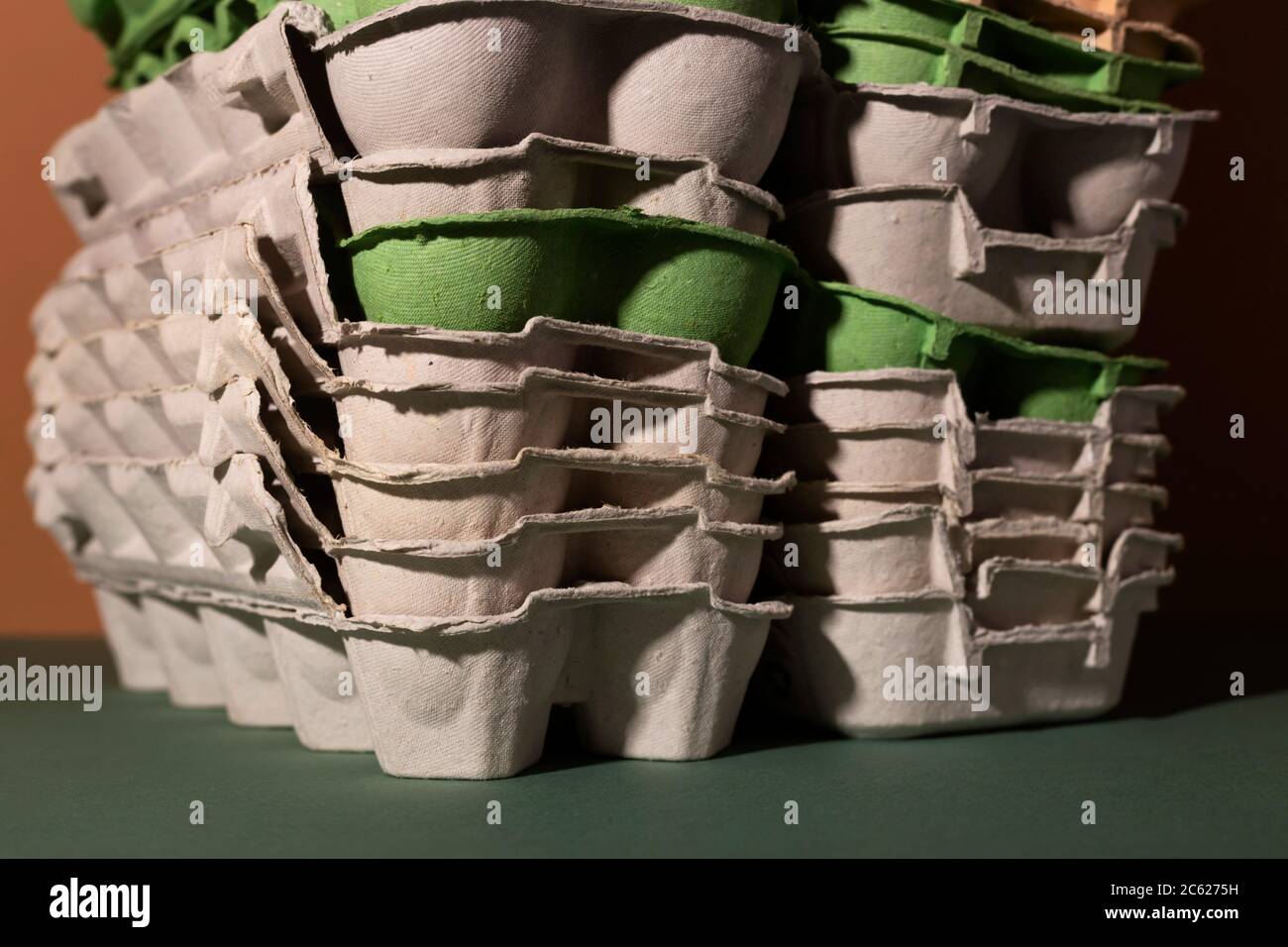 Colored trays from eggs. Garbage collection for recycling concept Stock