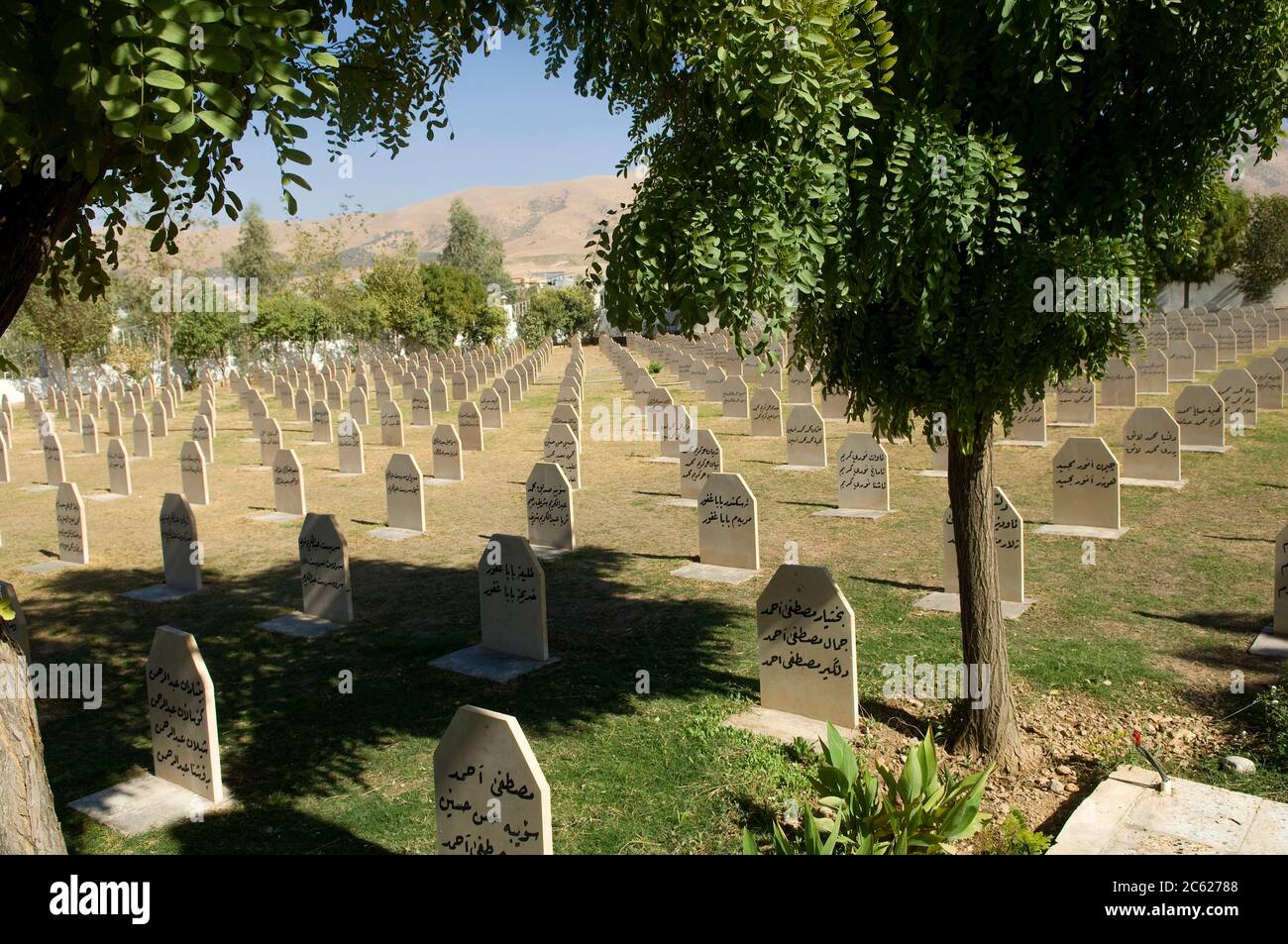 Halabja, North Iraq. October 5th 2009  Graves of those who lost their lives in the 1988 Halabja gas attack, Northern Kurdish Iraq. Stock Photo