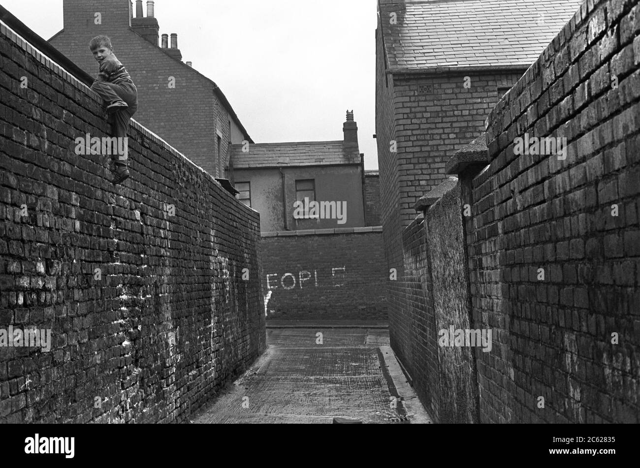 Back to back Victorian slum housing inner city Belfast 1970s UK. A young boy climbs down a high brick backyard garden wall into a slums back alley 1970 Northern Ireland HOMER SYKES Stock Photo