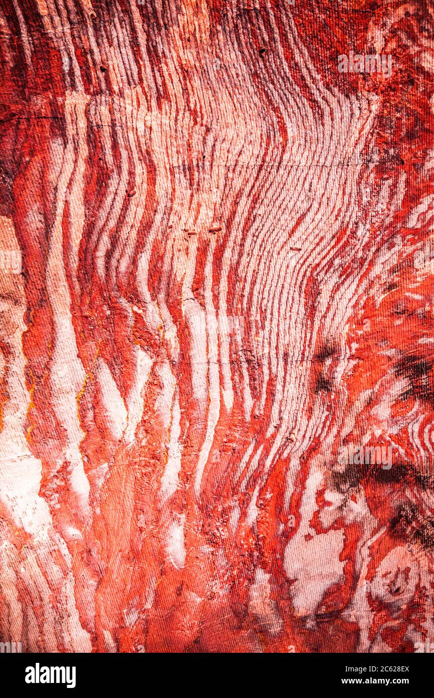 The red sandstone rock surface of the canyon known as Al Siq at the entrance to the Pink City of Petra in Jordan. Stock Photo