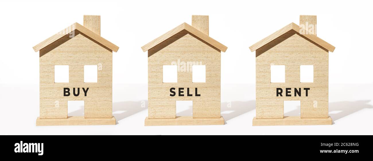 Real estate banner. Group of wooden house model on white background. Buy, sell or rent concept Stock Photo