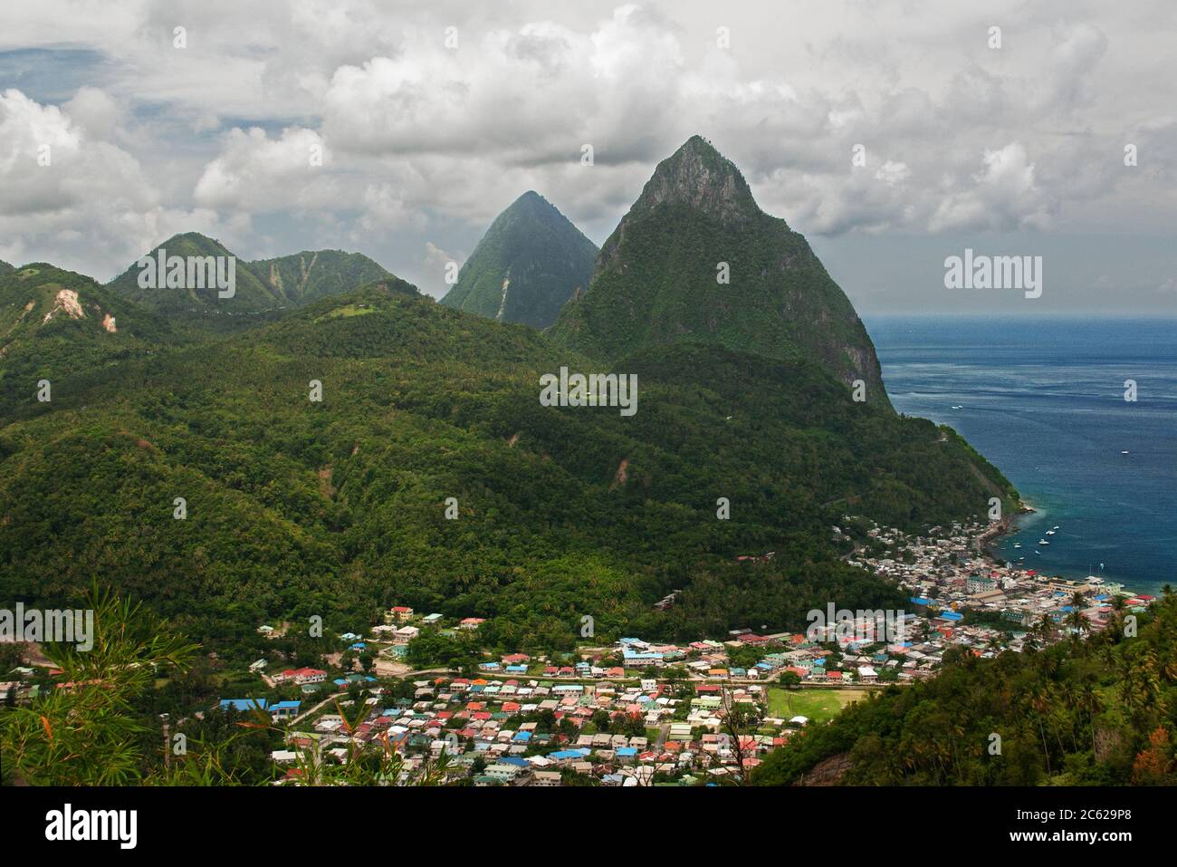 Shown here are two mountainous volcanic plugs known as the Pitons on