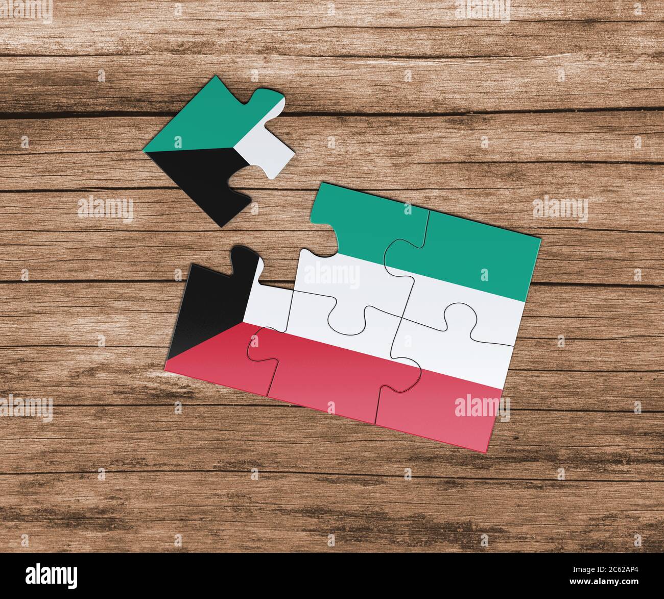 Kuwait national flag on jigsaw puzzle. One piece is missing. Danger