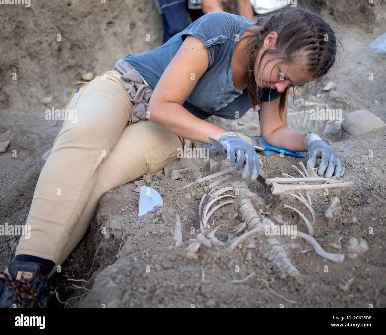 Vinča, Serbia, Sep 27, 2019: Young woman archeologist working on archeological excavations Stock Photo