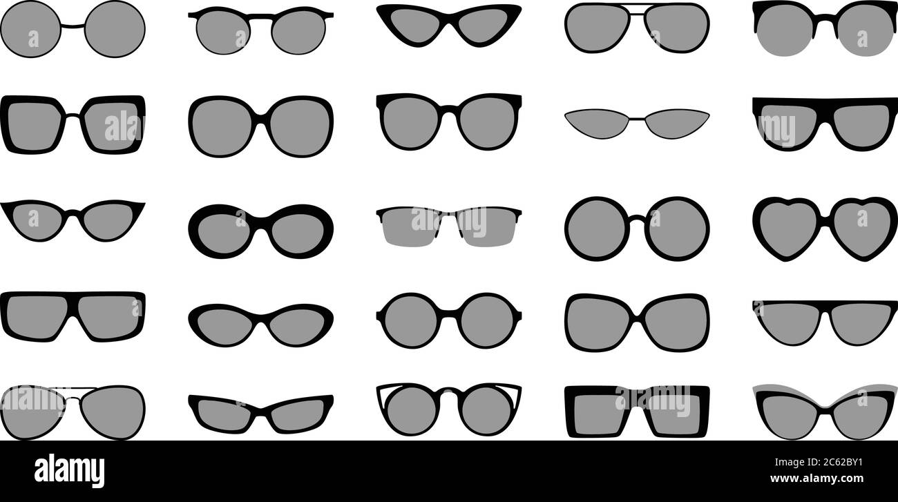 Black vector illustration of front view of different styles and shapes of glasses frames with lenses. Stock Vector