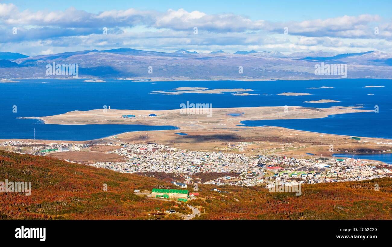 Ushuaia aerial view from the Martial Glacier. Ushuaia is the main city of Tierra del Fuego in Argentina. Stock Photo