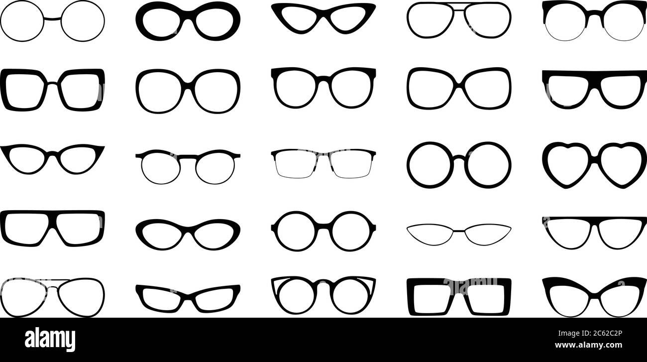 Black vector illustration of front view of different styles and shapes of glasses frames with no lenses. Stock Vector