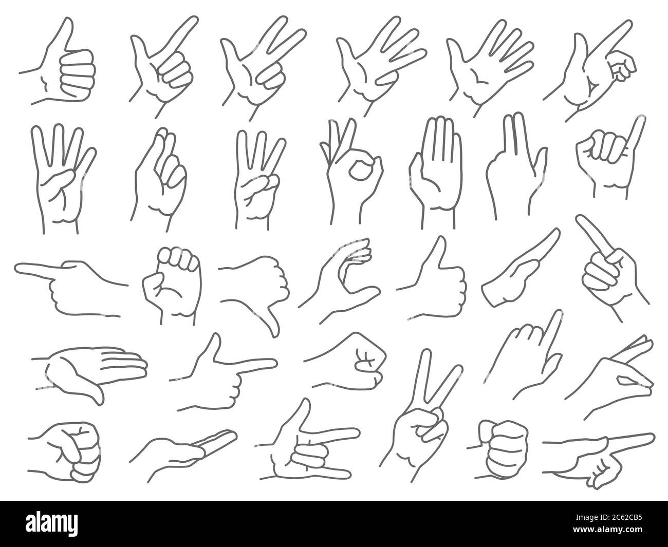 Line hands gestures. Like and dislike hand gesture icon, pointing finger and strong fist icons vector illustration set Stock Vector