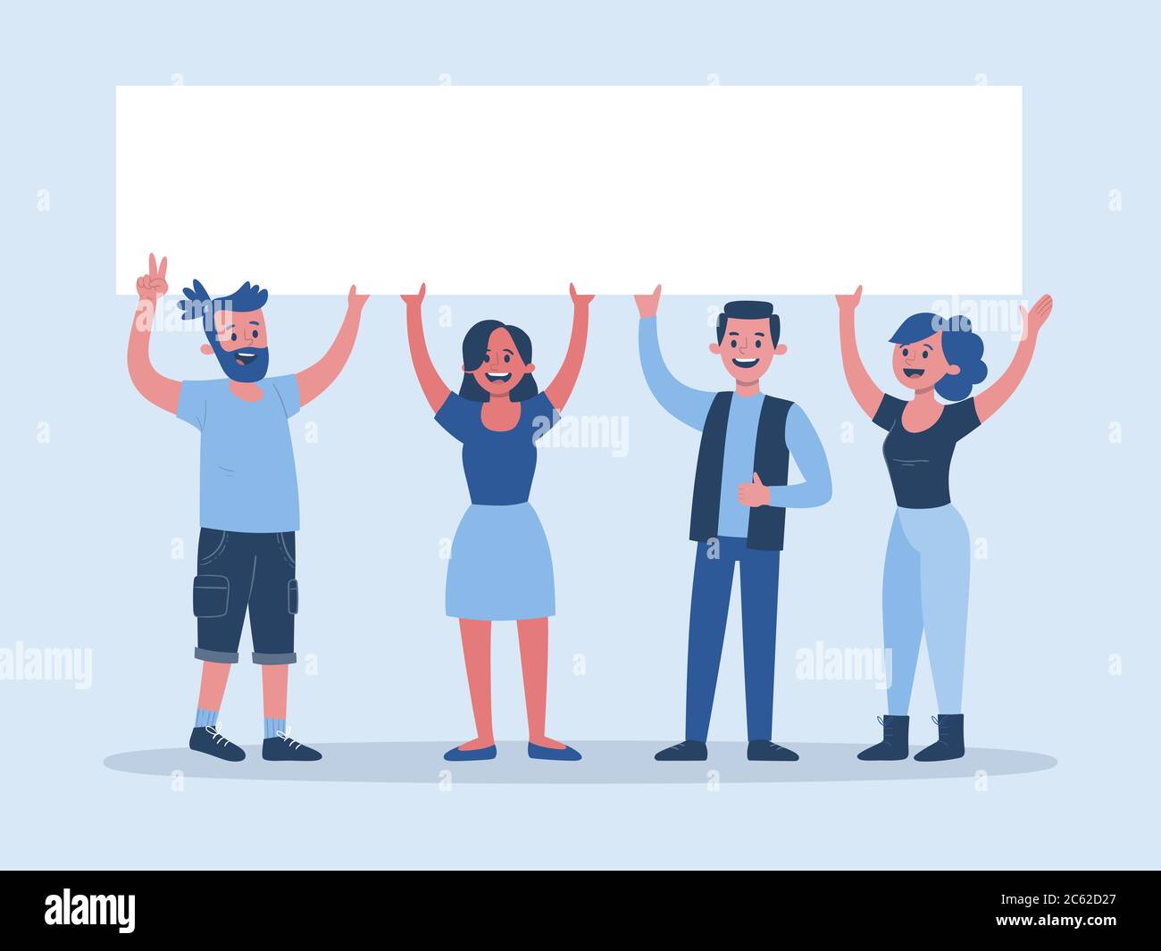 Group of young people holding a banner above their heads. Vector illustration isolated on light blue background. Stock Vector
