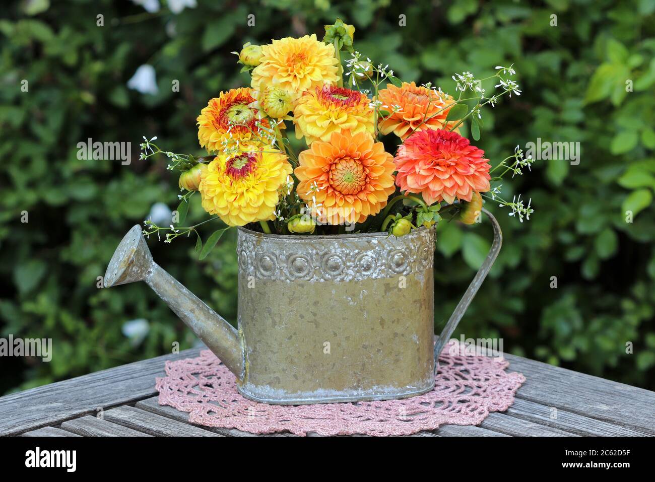bouquet of dahlia flowers in yellow and orange in decorative watering can Stock Photo