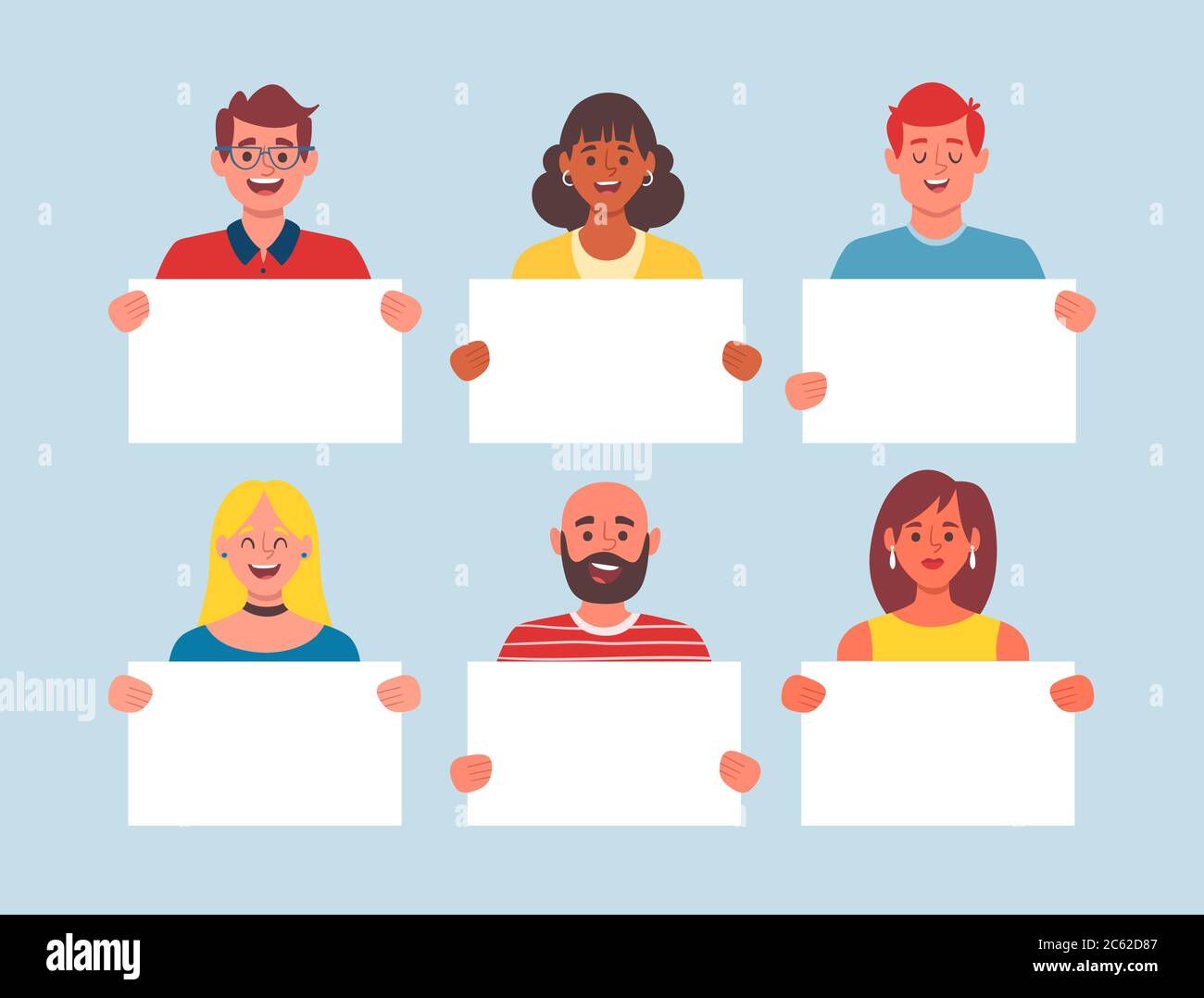 Collection of young people holding blank placards. Bundle of male and female cartoon characters. Colorful vector illustration in flat style. Stock Vector