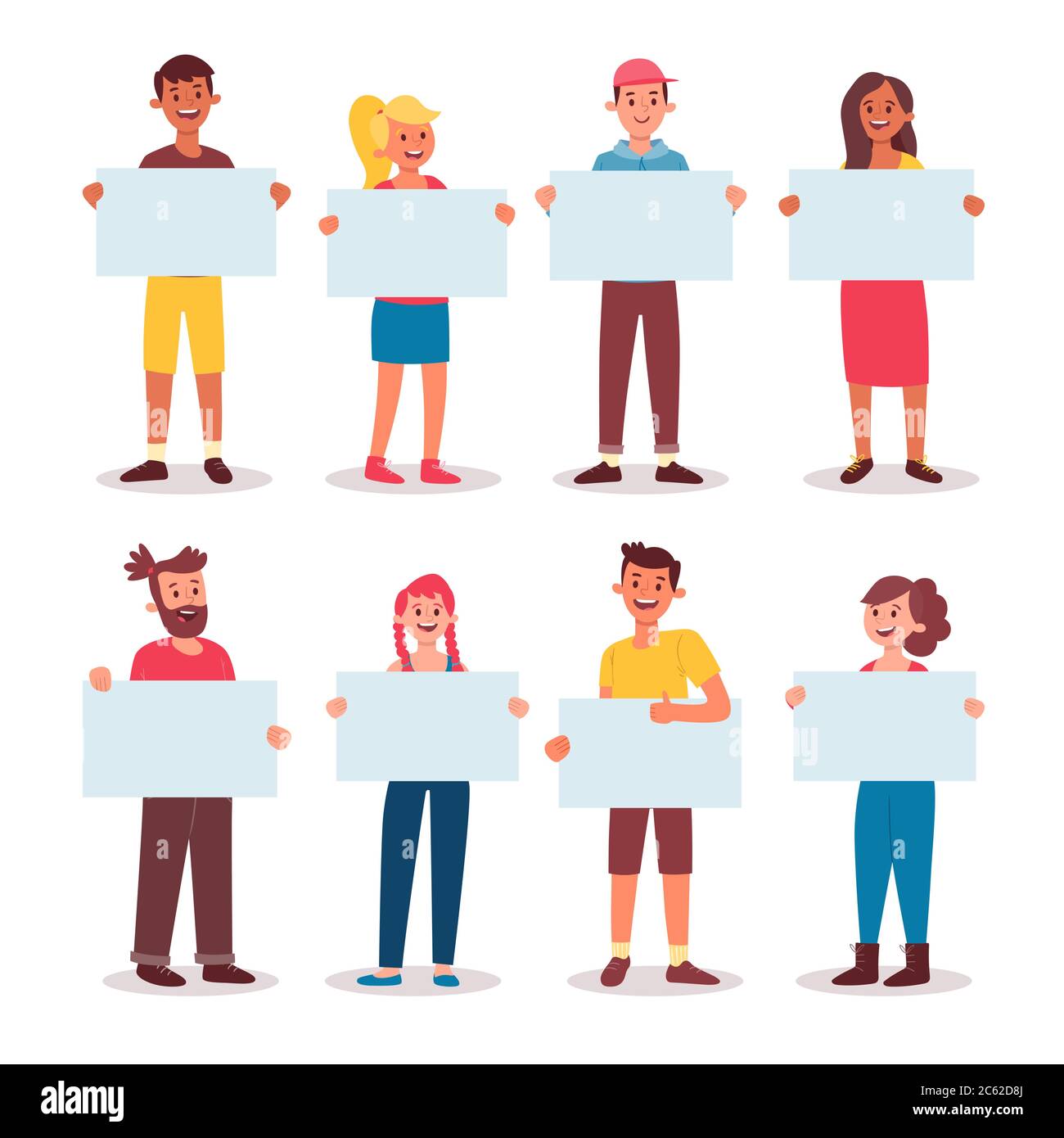 Collection of young people holding blank placards. Bundle of male and female full body cartoon character. Colorful vector illustration in flat style. Stock Vector