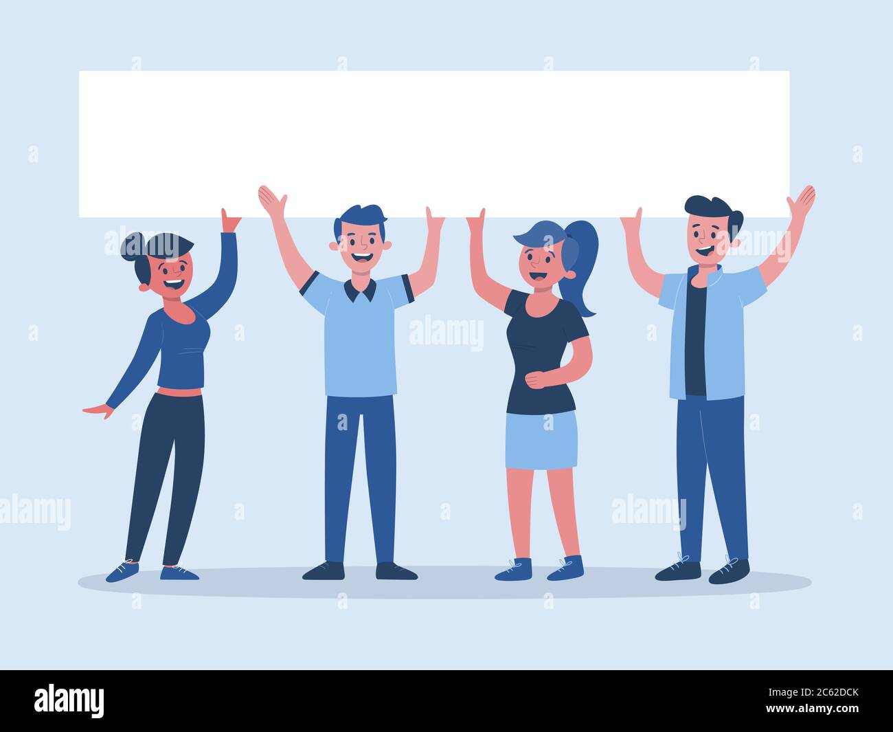 People holding a banner above their heads. Two women and two men. Vector illustration isolated on light blue background. Stock Vector
