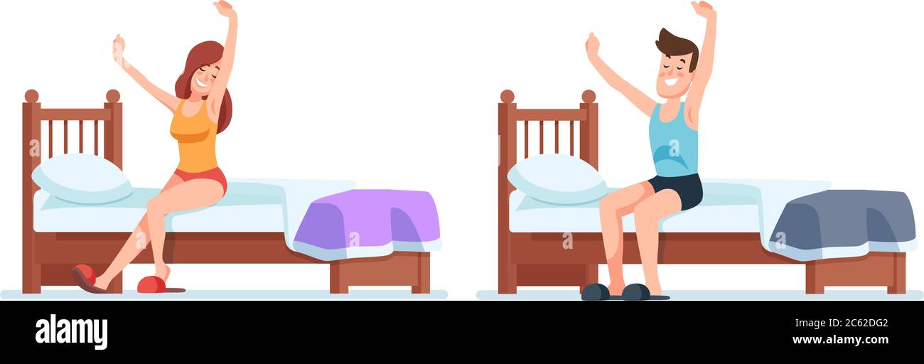 Woman and man wakes up. Early ge up in bedroom Stock Vector