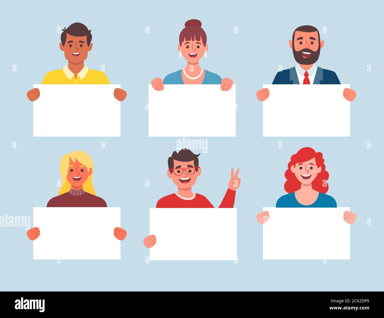 Collection of young people holding blank placards. Bundle of male and female cartoon characters. Colorful vector illustration in flat style. Stock Vector