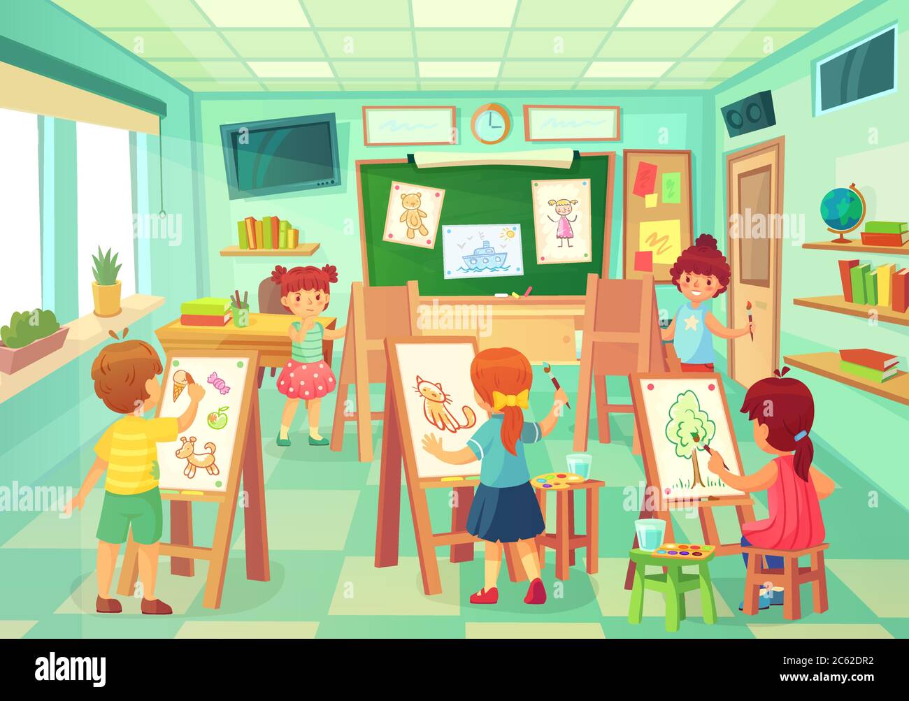 Kids drawing in art class. Vector art education Stock Vector Image