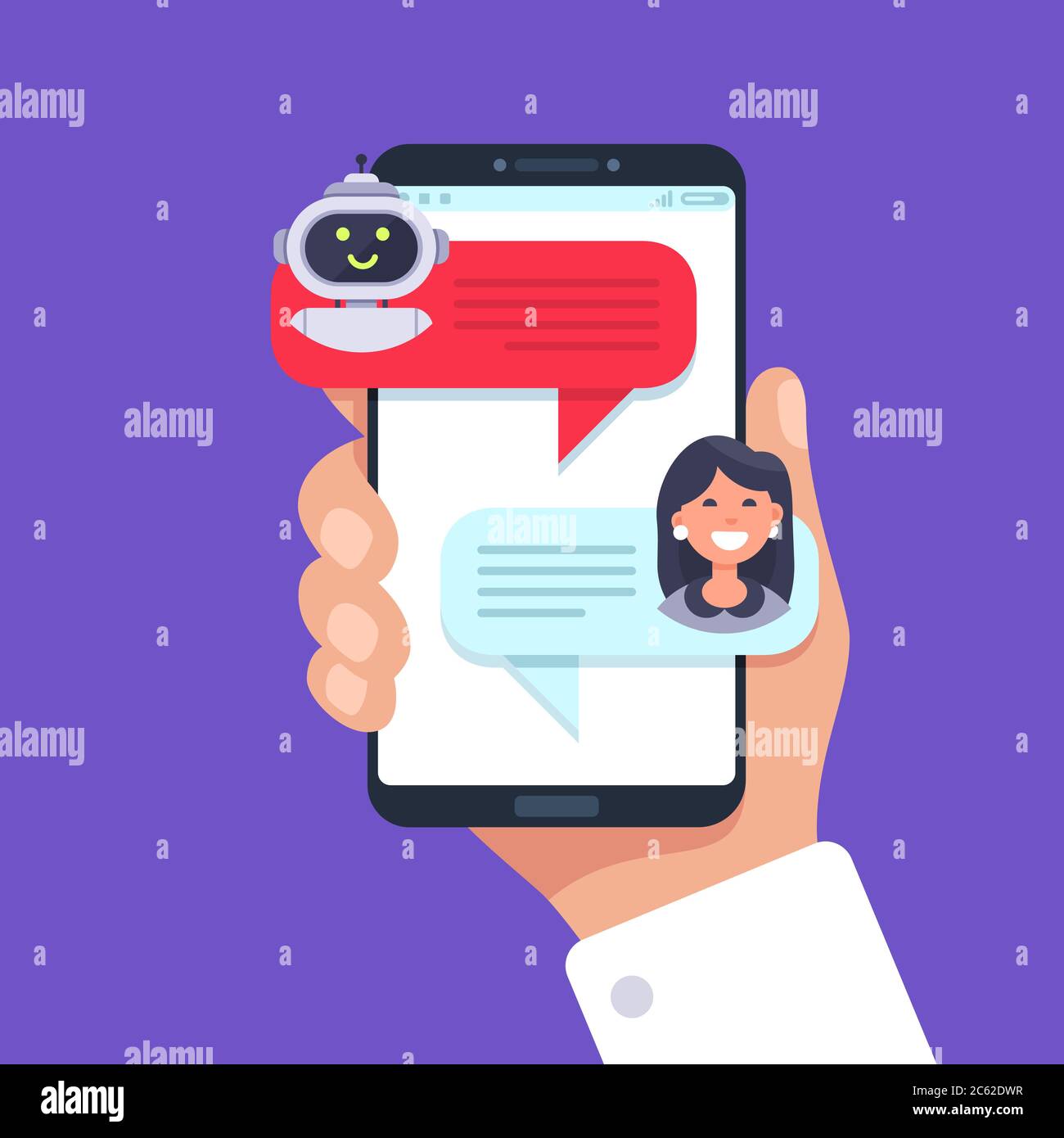 Mobile phone chatting with chat bot, bot conversation online Stock Vector
