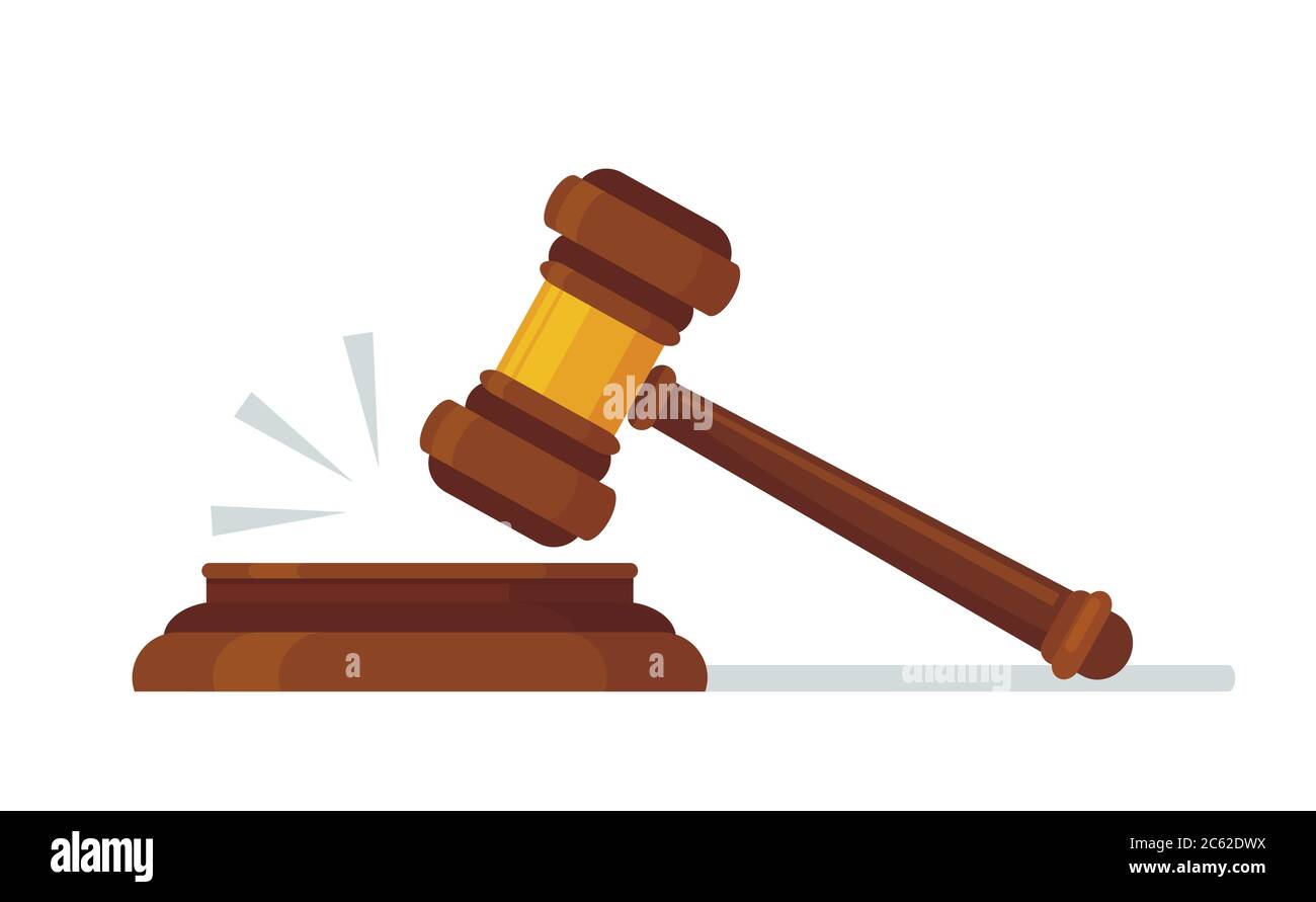 Judges wooden hammer. Judicial decision, hammer blow for rule of law and judged by laws concept cartoon vector illustration Stock Vector