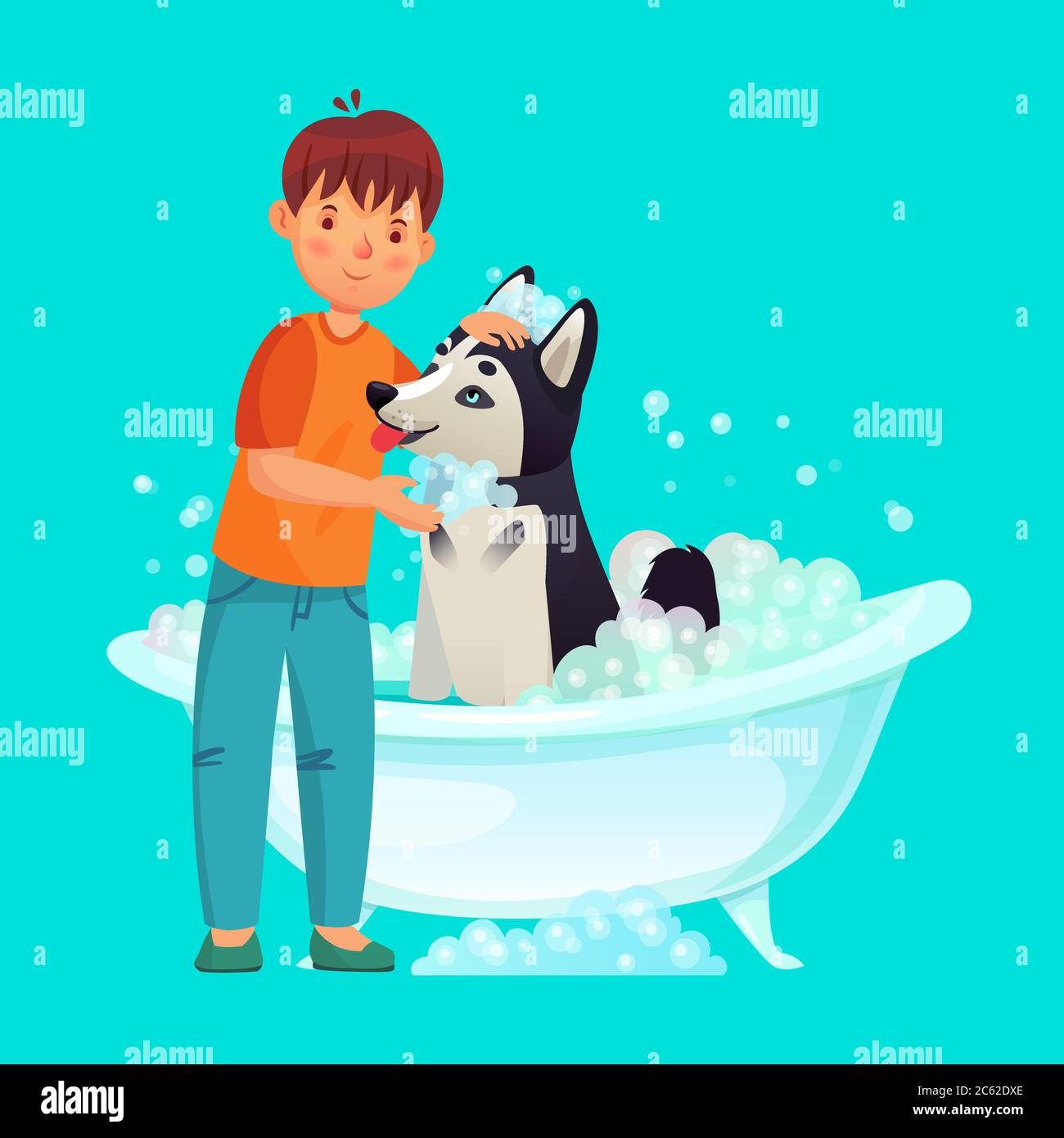 Kid washing dog. Pet wash in bathtub Stock Vector Image & Art Alamy