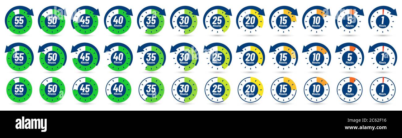 Color minutes icon. Timer, 1 minute ago and 5-55 minutes label dial with arrow. Set time vector icons set Stock Vector