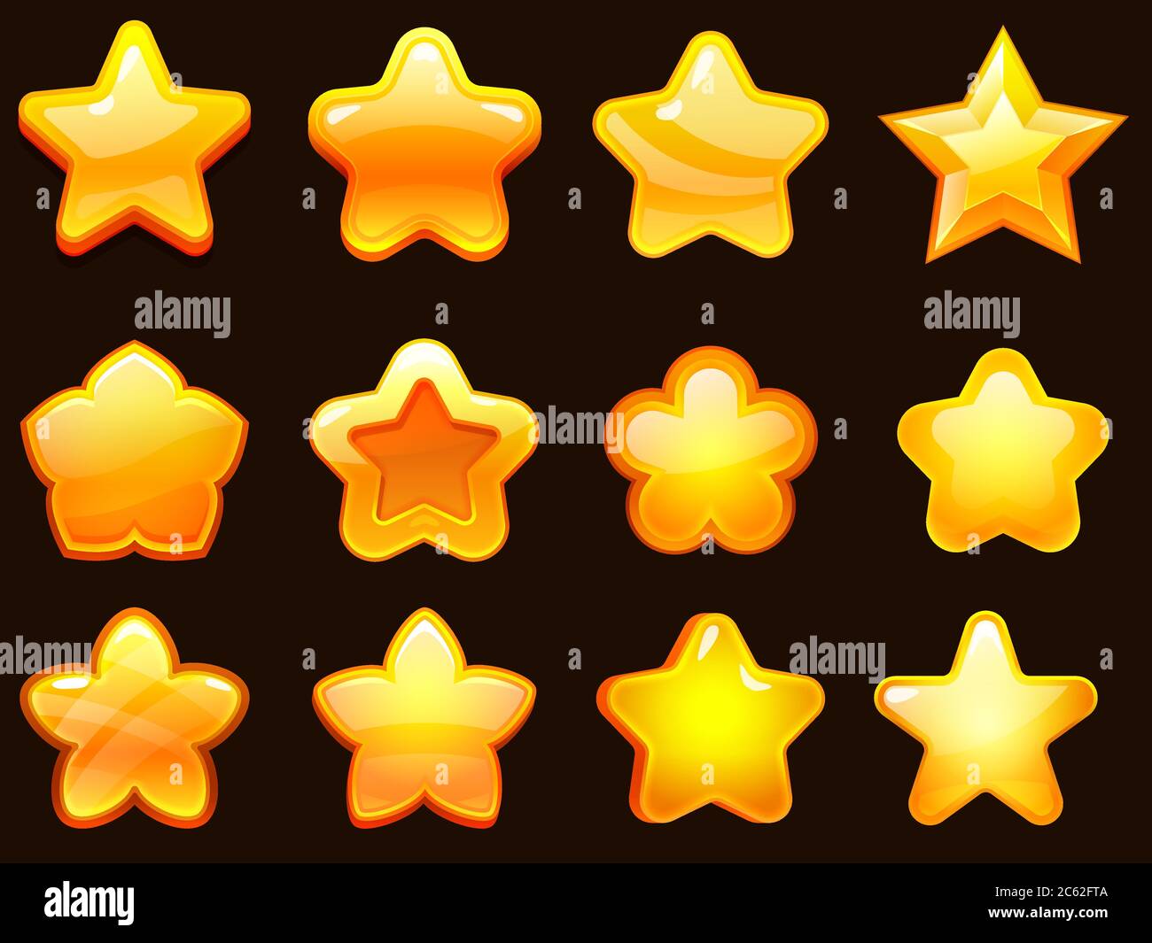 Game UI star. Cartoonic glossy stars shapes, shiny star for games. Cartoon gaming elements vector illustration set Stock Vector