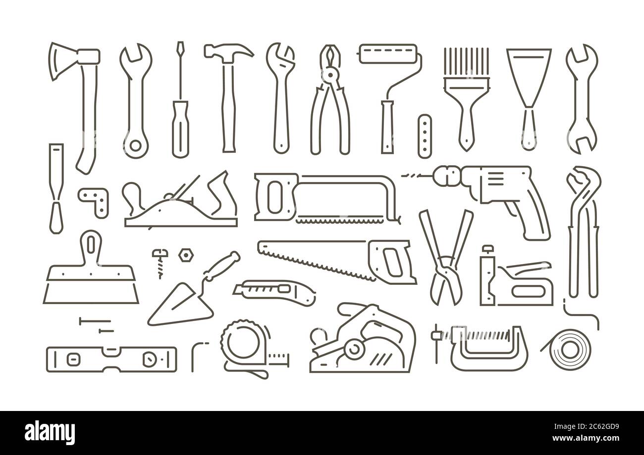 Tools set of icons in linear style. Repair vector illustration Stock Vector