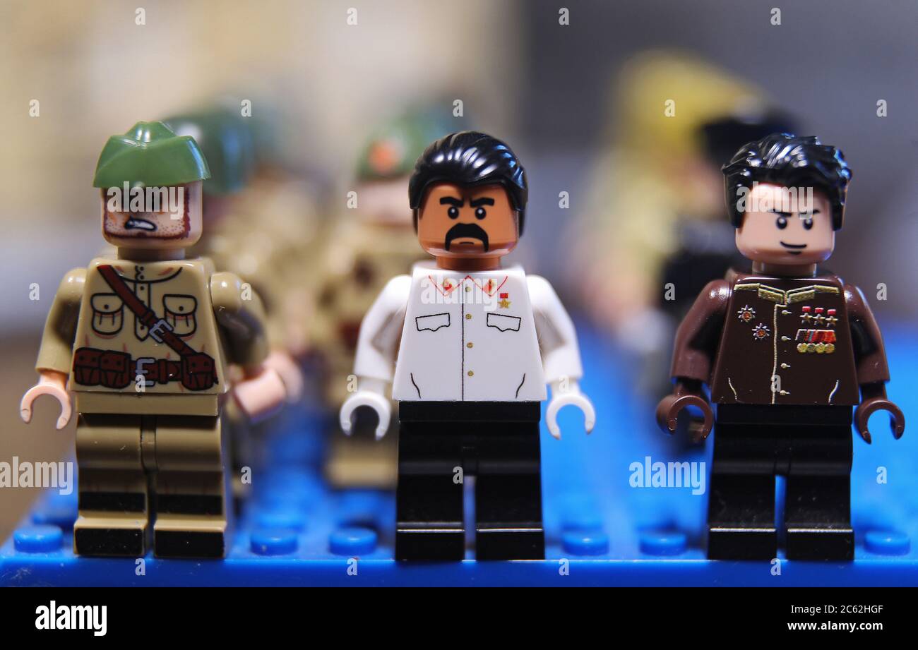 Vladimir, Russia. 6th July, 2020. Lego minifigures depicting Soviet leader  Joseph Stalin (C) and Soviet Marshal Georgy Zhukov (R) on set of a LEGO  stop-motion animation movie titled "Battle for Berlin" at