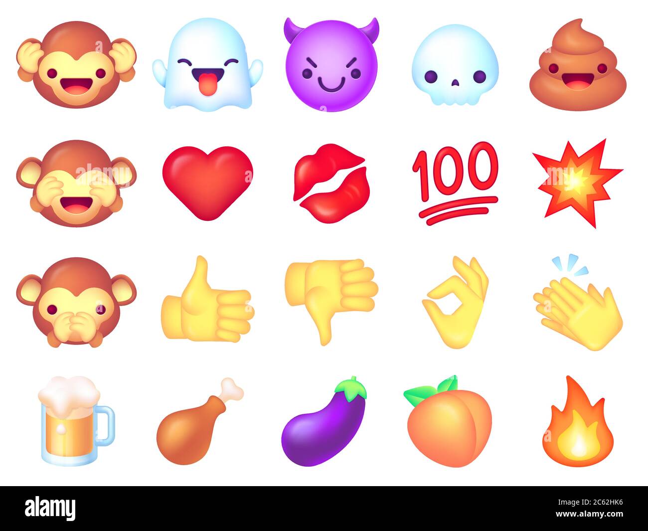 Emoji icons. Cute smiley, emoticons happy and angry face, comic turd. Eggplant, monkey collection, hand and kiss lips social chat vector set Stock Vector