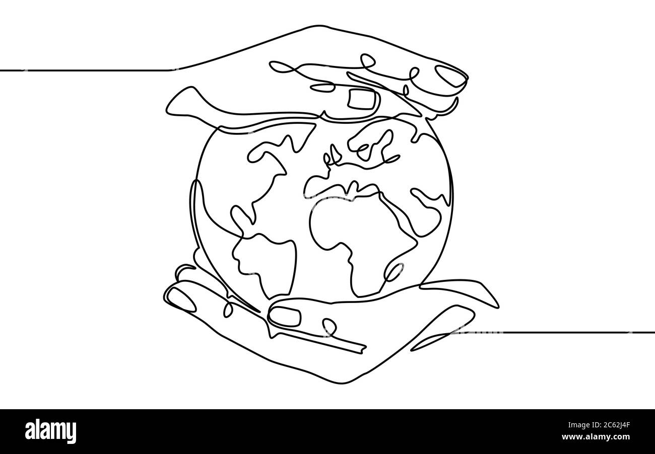 Earth in hand. Human hands holding earth world planet. Global digital technology, continuous one line sketch vector concept Stock Vector