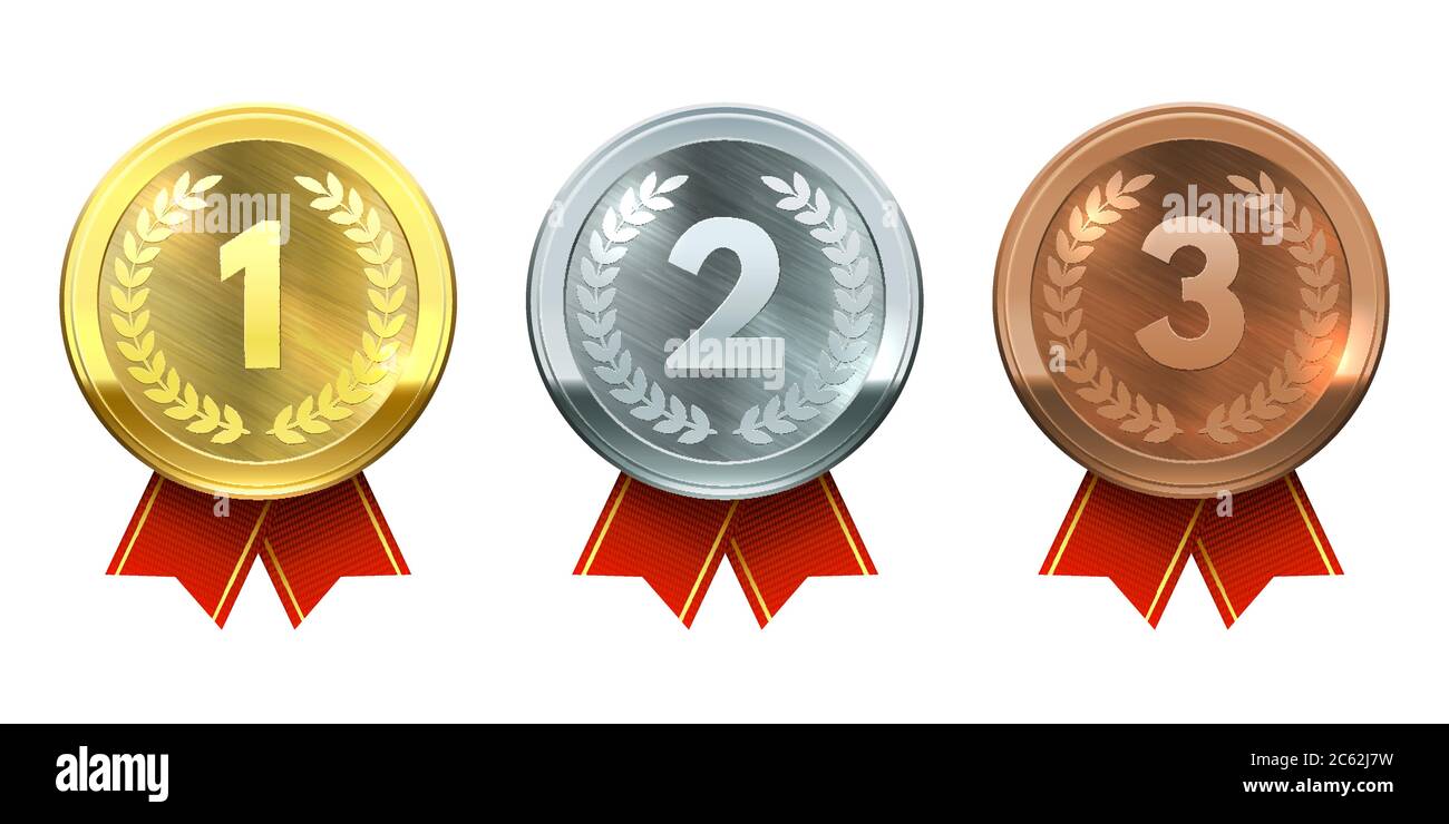 Gold, silver and bronze medals. Realistic metal round badges with red ribbon, winner prize, sports competition champion trophy vector set Stock Vector