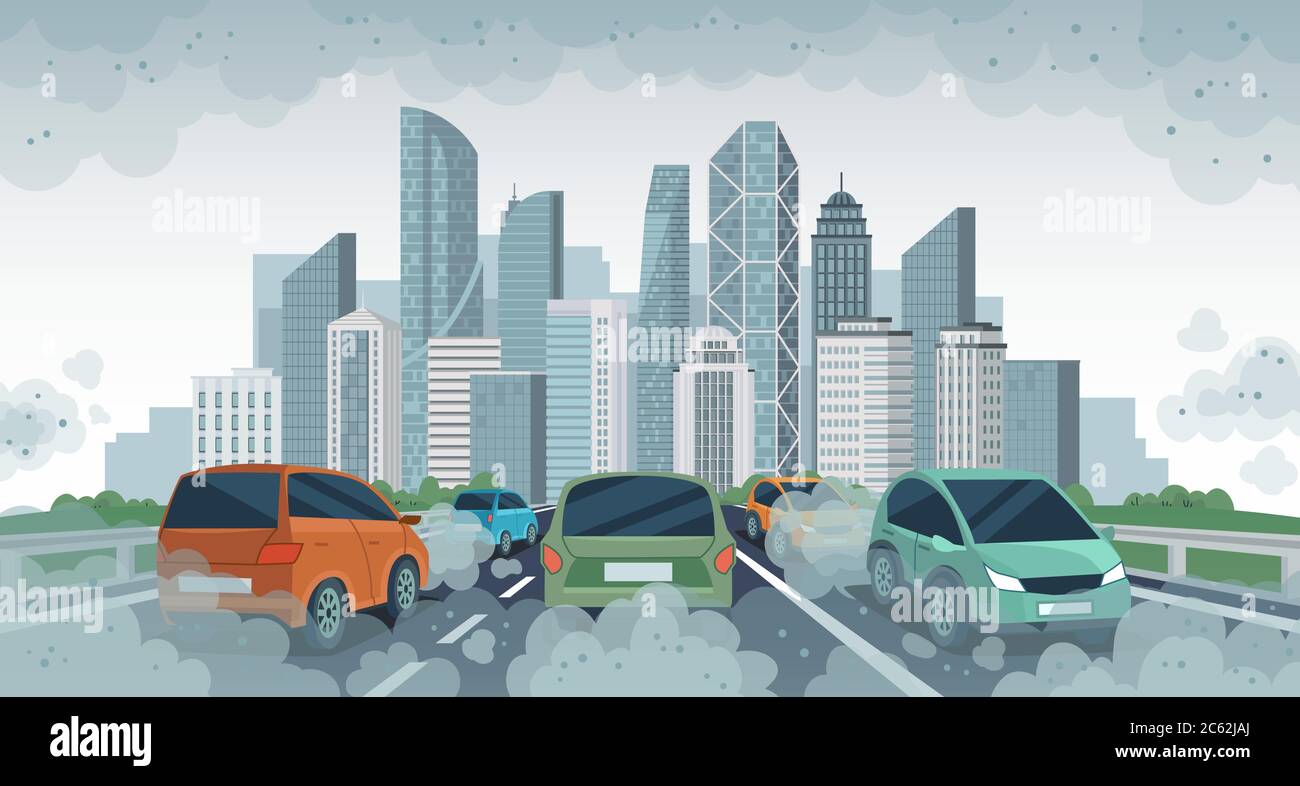 Cars air pollution. Polluted air environment at city, vehicle traffic and toxic pollution. Car with carbon dioxide clouds, vector concept Stock Vector