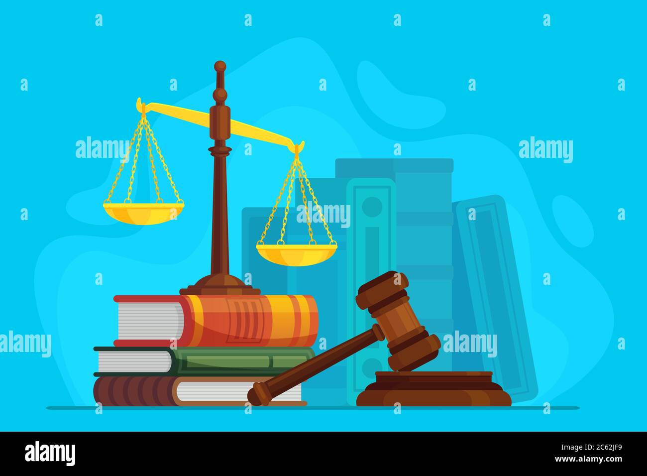 Law and justice. Scale justice and wooden judge gavel, auction symbol, legal law and judiciary, trials judgment, legislation vector concept Stock Vector