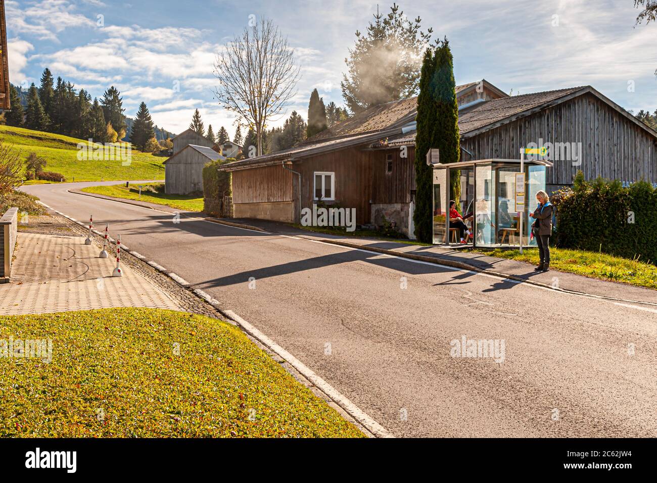 BUS: STOP Zwing, designed by Smiljan Radic, Chile. Krumbach bus shelters designed by architects from all around the world, drawing attention to everyday mobility service. Bregenzerwald Austria Stock Photo